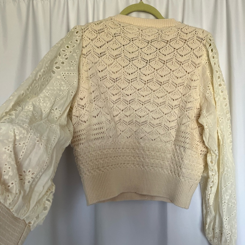 SOLD NWT Bohme 100% Cotton Cream Lace Knit Sweater with Eyelet Sleeves - Picture 4 of 4